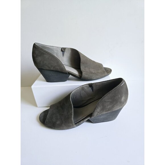 Eileen Fisher D'Orsay Peep Open Toe Gray Leather Wedge Heel Sandals Shoes 8.5 - Picture 1 of 14